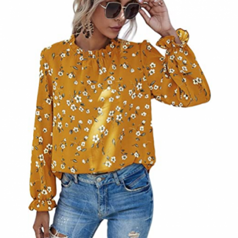 Women's Floral Print Flounce Long Sleeve Blouses