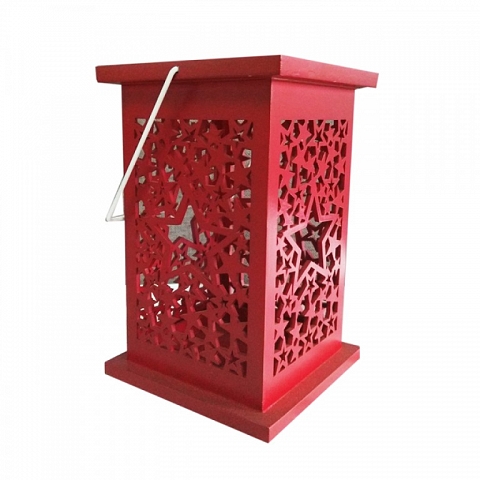 Red Wooden Candle Holder Lantern With Stars